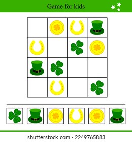 Educational game for children with St. Patrick's Day elements. 