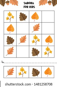 Educational Game For Children. Sudoku For Kids. Autumn Worksheet. Set Of Cute Autumn Leaves.