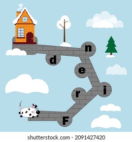 Educational game for children. Take the dog along the path and collect the word. Friend .