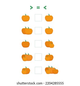 Educational game for children, a task for children. Compare the number of pumpkins and put a sign greater, equal or less. Vector illustration.