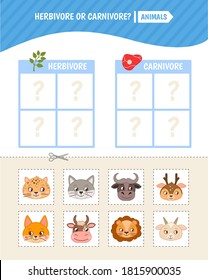 Educational  game for children. Toddler Activity Cards. predators and herbivores animals.
