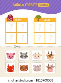 Educational  game for children. Toddler Activity Cards. Farm and forest animals.
