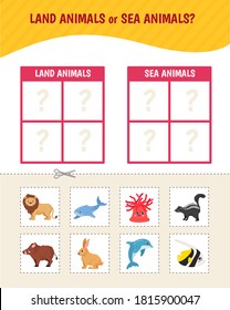 Educational  game for children. Toddler Activity Cards. Land and sea animals.
