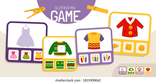 Educational  game for children. Toddler Activity Clothespins Cards. 