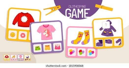 Educational  game for children. Toddler Activity Clothespins Cards. 