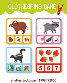 Educational game for children. Toddler Activity Clothespins Cards. Forest animals collection.