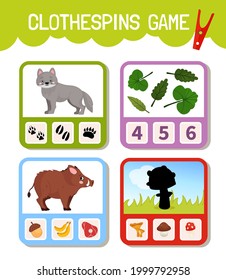 Educational game for children. Toddler Activity Clothespins Cards. Forest animals collection.