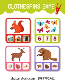 Educational game for children. Toddler Activity Clothespins Cards. Forest animals collection.