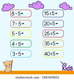 Educational game for children. Vector illustration. Table with examples. Division, multiplication
