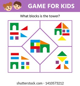 Educational game for children. Visual puzzl. Match the pictures of toy towers to their blocks. Game tasks for attention. Kids activity sheet