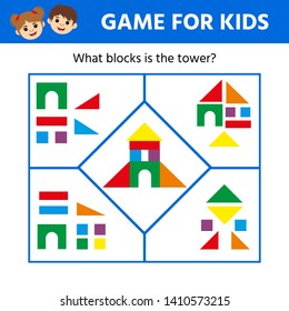 Educational game for children. Visual puzzl. Match the pictures of toy towers to their blocks. Game tasks for attention. Kids activity sheet