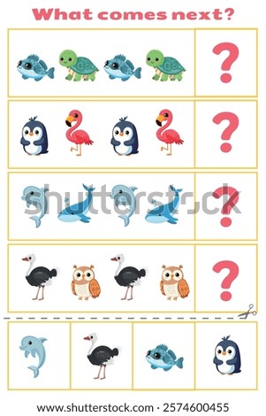 Educational game for children. What comes next, logical tasks for kids. Select the right element in the line, cut and glue activity.