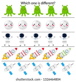 Educational game for children. What is different. Cute cartoon rocket, astronaut, moon, aliens and satellite. Space theme. Vector illustration.