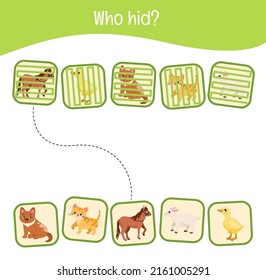 Juego educativo para niños. ¿Quién se escondió?  Ilustración vectorial de animales de granja lindos.

