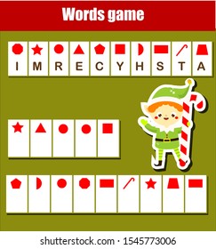 Educational game for children. Word puzzle kids activity. Christmas theme fun for toddlers