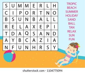 Educational Game For Children. Word Search Puzzle Kids Activity. Summer Holidays Theme Learning Vocabulary.