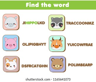 Educational game for children. Word search puzzle kids activity. Learning vocabulary animals theme for toddlers