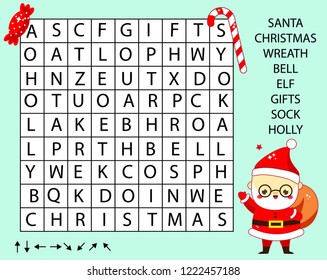 Educational Game For Children. Word Search Puzzle Kids Activity. New Year And Christmas Theme Learning Vocabulary.