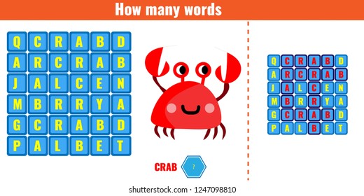 Educational game for children. Word search puzzle kids activity. Vector illustration.