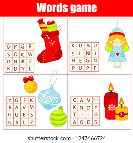 Educational game for children. Word search puzzle kids activity. Christmas and New Year theme learning vocabulary fun page for pre school years and toddlers