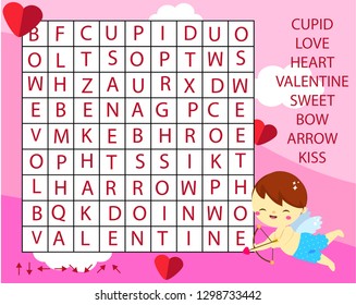 Educational game for children. Word search puzzle kids activity. St Valentines day theme theme learning vocabulary.