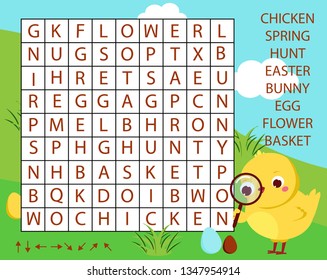 Educational Game For Children. Word Search Puzzle Kids Activity. Easter Theme Learning Vocabulary