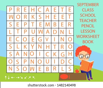 Educational game for children. Word search puzzle kids activity. Back to school theme learning vocabulary