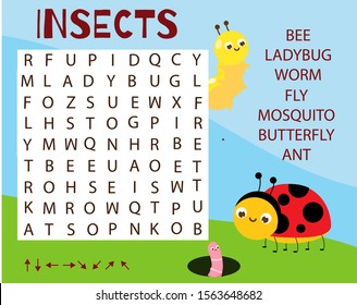 Educational game for children. Word search puzzle. Learn Insects for kids and toddlers.