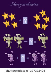 Educational game for children.Cartoon illustration of mathematical addition and subtraction. Examples with cute colorful stars and aliens.