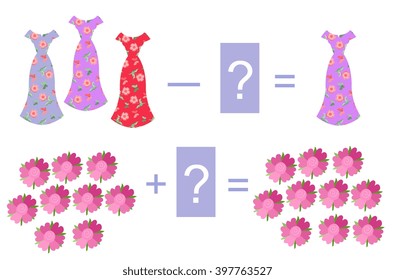 Educational game for children.Cartoon illustration of mathematical addition and subtraction. Easy editable pattern.