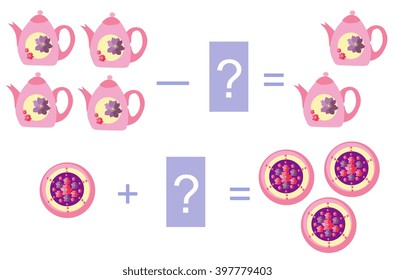 Educational game for children.Cartoon illustration of mathematical addition and subtraction. Easy editable pattern.