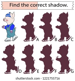 Educational game for children.Find the correct shadow.  Little pig skating. Hand drawn. Color vector illustration.