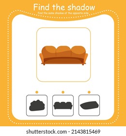 Educational game for children.Find the correct shadow.  Cartoon vector illustration. Sofa