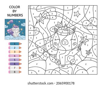 Educational game color by numbers. Cute cartoon unicorn with magic wand, clouds and stars. Princess little pony. Black and white coloring page. Learn numbers and colors. Printable worksheet.