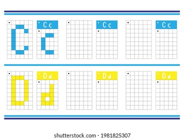 Erziehungsspiel, das die Buchstabenform von Groß- und Kleinbuchstaben färbt. Arbeitsblätter zum Lernen und logisches Denken für Kinder. Einfache Vektorflachraster-Abbildung EPS10. Buchstaben C und D.