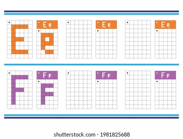 Educational game coloring the alphabet shape of uppercase and lowercase letters. Worksheets for learning and logical thinking for kids. Simple vector flat grid illustration EPS 10. Letter E and F.