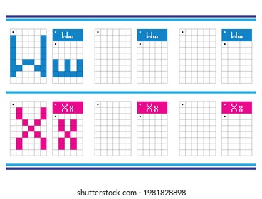 Juego educativo coloreando la forma alfabética de las letras mayúsculas y minúsculas. Hojas de trabajo para el aprendizaje y el pensamiento lógico para los niños. Dibujo simple vectorial de cuadrícula plana EPS 10. Letra W y X.