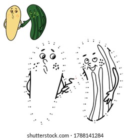 Educational game and coloring book for children. Connect the dots on the figures. Vegetables. Zucchini. Black and white vector illustration with a sample for coloring.