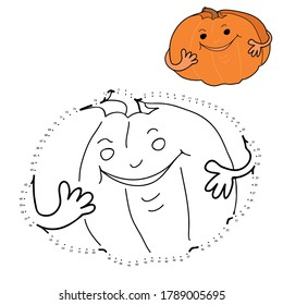 Educational game and coloring book for children. Connect the dots on the figures. Vegetables. Pumpkin. Black and white vector illustration with a sample for coloring.