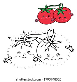 Educational game and coloring book for children. Connect the dots on the figures. Vegetables. Tomatoes.  Black and white vector illustration with a sample for coloring.