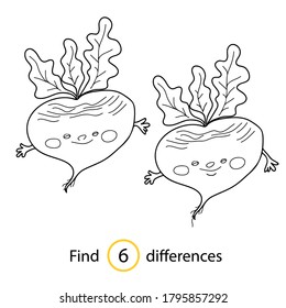Educational game and coloring book for children. Find differences. Vegetable. Turnip.
   Hand drawn. Black and white vector illustration.
