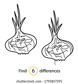 Educational game and coloring book for children. Find differences. Vegetable. 
  Onion. Hand drawn. Black and white vector illustration.