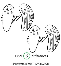 Educational game and coloring book for children. Find differences. Vegetable. Zucchini. Hand drawn. Black and white vector illustration.