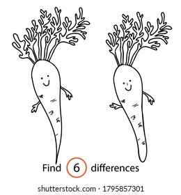 Educational game and coloring book for children. Find differences. Vegetable. Carrot. Hand drawn. Black and white vector illustration.
