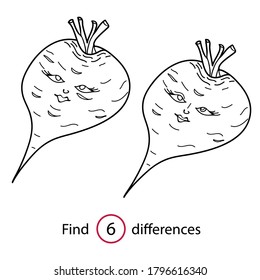 Educational game and coloring book for children. Find differences. Vegetables. Beet. Hand drawn. Black and white vector illustration.