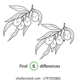 Educational game and coloring book for children. Find differences. Vegetables. Olives. Hand drawn. Black and white vector illustration.