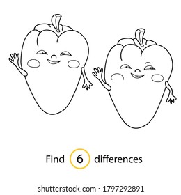 Erziehungsspiel und Farbbuch für Kinder. Finden Sie Unterschiede. Gemüse. Pfeffer. Handgezeichnet. Schwarz-Weiß-Vektorgrafik.