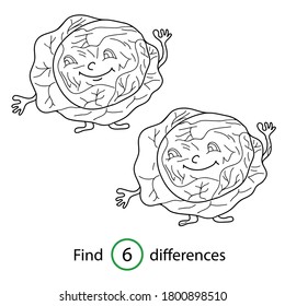 Educational game and coloring book for children. Vegetables. Cabbage.  Hand drawn. Black and white vector illustration.