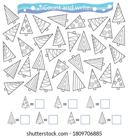 Educational game and coloring book for children. Count and write. Set of decorative Christmas trees. Hand drawn. Black and white vector illustration.
