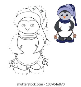 Educational game and coloring book for children. Connect the dots on the figures. Penguin on skis. Hand drawn. Black and white vector illustration with a sample for coloring.